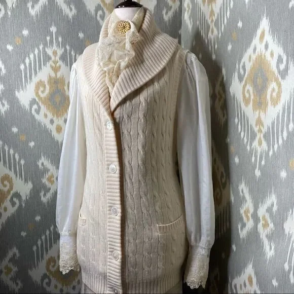 Ralph Lauren Ivory Cashmere Cable Shawl Collar Cardigan Vest - Picture 4 of 16